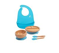 Love Earth ® - Bamboo Baby Weaning Set - 5 Piece Baby Weaning Set Including Suction Plate, Bowl, Spoons, and a Silicone Bib - Eco-Friendly Weaning Set for Babies from 3 Months to 6 Years (Blue)
