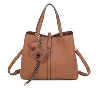 Love EMVY Dog Charm Faux Leather Grab & Shoulder Bag - Detachable Strap - Multi-Compartment Ladies Handbag - 22 × 10 × 28 cm (Chocolate)