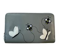 Love EMVY Embroidered Bee & Butterflies Zip Around Card and Coin Ladies Girls Purse (Dark Grey)