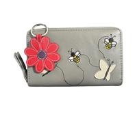 Love EMVY Gift Set - Bee & Butterfly Embroidered Purse with Card Slots & Coin Section + Leather Daisy Keyring - Zip Around Concertina Purse - Gift Boxed with Kraft Label (Grey Purse with Red Keyring)