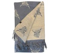 Love EMVY Highland Cow Scarf - Reversible Cashmere Blend Winter Wrap with Tassel Edge - Blue/Grey