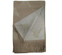 Love EMVY Highland Cow Scarf - Reversible Cashmere Blend Winter Wrap with Tassel Edge - Khaki/Cream