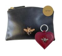Love EMVY Leather Bee Coin Purse & Keyring Gift Set Genuine Leather | Gold Bee Detail | Ribbon Tied with Kraft Tag | Gift for Her (Black Purse with Red Keyring)
