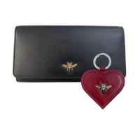 Love EMVY Leather Bee Gift Set - Genuine Leather Black Matinee Purse & Red Bee Keyring - Gift Boxed with Ribbon & Tag - Stylish Gift for Her - RFID Protected (Giftset with Heart Bee Keyring)