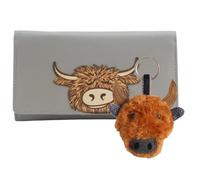 Love EMVY Leather Highland Cow Purse & Keyring Gift Set - RFID Wallet with ID Window & Coin Pockets - Gift Packed Ltd (Grey)