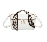 Love EMVY Leopard Metro Faux Leather Makeup/Crossbody Bag - Scarf Handle Detail, Adjustable Strap & Gold Zip - 20 × 12 × 7 cm (White)