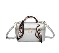 Love EMVY Leopard Metro Faux Leather Makeup/Crossbody Bag - Scarf Handle Detail, Adjustable Strap & Gold Zip - 20 × 12 × 7 cm (Silver)