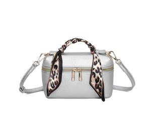 Love EMVY Leopard Metro Faux Leather Makeup/Crossbody Bag - Scarf Handle Detail, Adjustable Strap & Gold Zip - 20 × 12 × 7 cm (Silver)