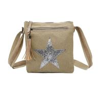 Love EMVY Staremvy Collection - Metallic Star Canvas Crossbody Bag with Tassel - Adjustable Strap, Front Zip Pocket & Organised Interior - 23 × 25 × 8 cm (Khaki)