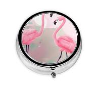 Love Flamingo Metal Iron Electroplating, Round Pill Box, 2.0x2.0x0.7 inches, with 3 Plastic compartments