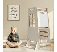 Montessori Learning Tower - Wooden Kitchen Helper with 3 Adjustable Heights, Anti-Tip Legs and Rear Safety Panel, Safe Standing Step Stool Platform for Toddlers Aged 2-6 (White/Pine)
