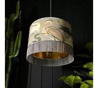 Love Frankie Bird Song Lampshade in Soft Grey With Gold Lining and Grey Fringing - Ceiling Pendant / Arc Lamp - 35cm Diameter x 25cm Height (14" x 10")