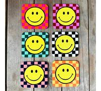 Love Frankie Checkmate Checkerboard Smiley Face Coasters - 6 Colours - Checkmate - Liquorice