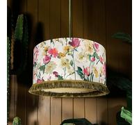 Love Frankie Hazy Meadow Fringed Linen lampshade in Salt with Lemon Lining - Ceiling Pendant / Arc Lamp - 30cm diameter x 20cm Height (12" x 8")
