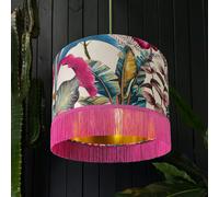 Love Frankie Ice Jungle Lampshade With Gold Lining and Candy Floss Pink Fringing - Ceiling Pendant / Arc Lamp - 40cm Diameter x 25cm Height (16" x 10")