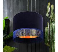 Love Frankie Indigo Velvet Lampshade With Copper Foil Lining and Fringing - Ceiling Pendant / Arc Lamp - 45cm Diameter x 25cm Height / (18" x 10")