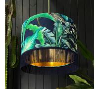 Love Frankie Rainforest Velvet Lampshade With Gold Lining and Indigo Fringing - Table / Floor Lamp - 35cm Diameter x 25cm Height (14" x 10")