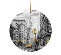 Love from New York Printed Round Xmas Ornaments 9cm, Christmas Ceramic Pendant Hanging for Xmas Tree Home Indoor Outdoor Decor 1 Pcs