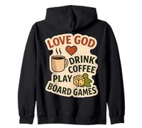 Love God Drink Coffee Play Board Games Lover Retro Vintage Zip Hoodie