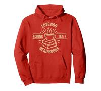 Love God Drink Tea Read Books Lovers Vintage Christian Pullover Hoodie, Adult Unisex, Red, Medium