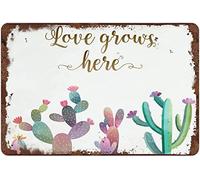 Love Grows Here Vintage Art Sign Family Home Decor Southwestern Decor Marriage Gold Quote Cactus Succulent Foyer Entry Art Wall Decor for Home Living Room Bedroom Home Decor 8"x12"