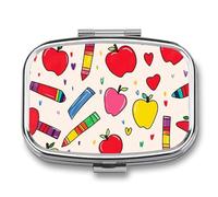 Love Heart Apple Stationery Metal Pill Organizer Case, 2-Compartment Travel Pill Box, Portable Pocket Pill Container with Secure Closure, Small Medication Holder for Men Women Seniors, Giftable