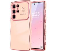 Love Heart Basic Case for Samsung Galaxy S25 Ultra Cover Glossy Finish Cute Wave Frame Curly Shape Gold Plated for Girls Women Glitter Shockproof Soft TPU Bumper Skin for Galaxy S25 Ultra Pink