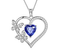 Love Heart Butterfly Necklaces 925 Sterling Silver Blue Sapphire September Birthstone Heart Pendant Necklace Crystal Jewelry Gifts for Women and Girls DP0377S