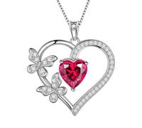 Love Heart Butterfly Necklaces 925 Sterling Silver Red Ruby July Birthstone Heart Pendant Necklace Crystal Jewelry Gifts for Women and Girls DP0377R