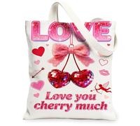Love Heart Canvas Tote Bags, Cherries Bow Pattern Reusable Grocery Bags, Valentine'S Day Cute Lightweight Washable Canvas F, White, 13x15 Inch