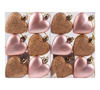 Love Heart Christmas Tree Baubles - Rose Gold Set of 12 (6 Glitter, 6 Matte) 5 cm with Hanging Strings - 55170