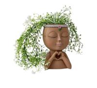 Love Heart Face Flower Pot Resin Figure Head Planter Girl Closed Eyes Succulent Pots Container with Drainage Hole Yard Art Crafts Ornament for Indoor Outdoor Plants
