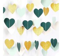 Love Heart Garland Hanging Streamers, 12m Reflective Paper Garlands for Wedding Birthday Bridal Shower Anniversary Decorations (Green White Gold-glitter)