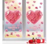 Love Heart Glass Stickers 2-Pack PVC Romantic | Double-sided visibility, vibrant pink roses, love hearts, 40x60cm size, perfect for Valentine decor