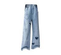 Love Heart Jeans for Teen Girls Denim Long High Waist Baggy Pants Girls Kids Wide Leg Trendy Cute Straight Trousers Kids Jeans Girls 10-12 Baggy Girl Jeans Size 14-16(Blue, 14-15 Years)
