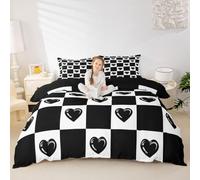Love Heart Kids Duvet Cover Set Super King Size,Geometric Plaid Checkered Patchwork Girls Boys Bedding Set,Valentine's Day Simple Fashion Room Decor,Noble Black Quilt Cover,2 Pillowcases(No Comforter)