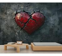Love Heart Mural Red Heart-Shaped Crack Wallpaper Fragile Love Heart Mural Wallpaper Gray Wall Wall Paper for Bedrooms Living Room Room Decor Sofa TV Background Large Wall Painting Poster 200X140cm