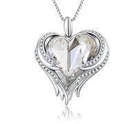 Love Heart Necklaces, Love Heart Angel Wings Pendant Necklace for Women Silver Crystal Necklace Women Silver Tone Crystal Birthstone Necklace CZ Diamond Necklace White Crystal Pendant Necklace Mother