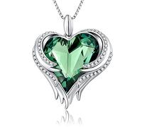 Love Heart Necklaces, Love Heart Angel Wings Pendant Necklace for Women Silver Crystal Necklace Women Silver Tone Crystal Birthstone Necklace CZ Diamond Necklace Green Crystal Pendant Necklace Mother