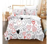 Love Heart Pattern Bedding Set,Hand Drawn Graffiti Style Black and Red Love Duvet Cover 230X220,Cartoon Print Soft Microfiber Quilt Cover for Kids Teens Adults King