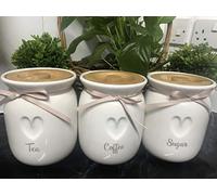 Love Heart Set Of 3 Tea Coffee Sugar Ceramic Canisters kitchen Storage jars Gift