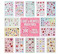 Love Heart Stickers for Scrapbooking, Crafting, Decorating - Over 390 Self Adhesive Paper Stickers 14 Designs - Party Bag Fillers for Kids, Girls - Valentine, Teddy, Rainbow Sticker Pack