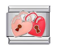 Love Heart Wife Husband Mum Daughter Sister Birthday Pink Family Stainless Steel 9mm Italian Link Charm Compatible With Nomination Bracelet (Love You Heart Padlocked Padlock Together)