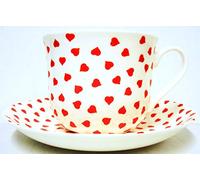 Love Hearts Breakfast Cup & Saucer Fine Bone China Red Hearts Large Cup & Saucer Hand Decorated in The U.K. Free UK Delivery