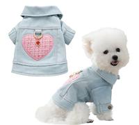 Love Hearts Dog Denim Jacket Clothes Pet Outfits Vest Jean Princess Puppy Jumpsuit Doggy Costume (Blue & Pink, X-Small)