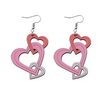 Love Hearts Wooden Drop Earrings Red Pink Heart Shape Cute Cat Double Printed Wood Dangle Earrings I Love You Pendant Earrings for Women Mom