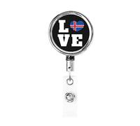 Love Iceland Flag Icelanders Heart Heavy Duty Metal Badge Holder Reel, Retractable Badge Holder with Belt Clip for Key Name Card Holder Employee Teacher