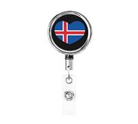 Love Iceland Flag Icelanders Heart Heavy Duty Metal Badge Holder Reel, Retractable Badge Holder with Belt Clip for Key Name Card Holder Employee Teacher 1