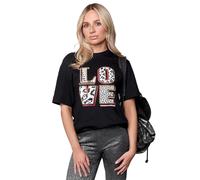 Love in Monochrome Leopard Graphic Tee - Black, Women's Cotton, Short Sleeve, Relaxed Fit, (UK, Alpha, M, L, Regular, Regular, Multi)