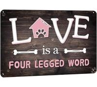 Love is a Four Legged Word Pet Paw Metal Sign Dog House Decor, Easy Hanging Vintage Pet Dog Sign Dog Room Decor, ch Pet Dog Sign for Home Decor, Gift for Dog Lovers, Friends, Family - Pink 8x12 Inch